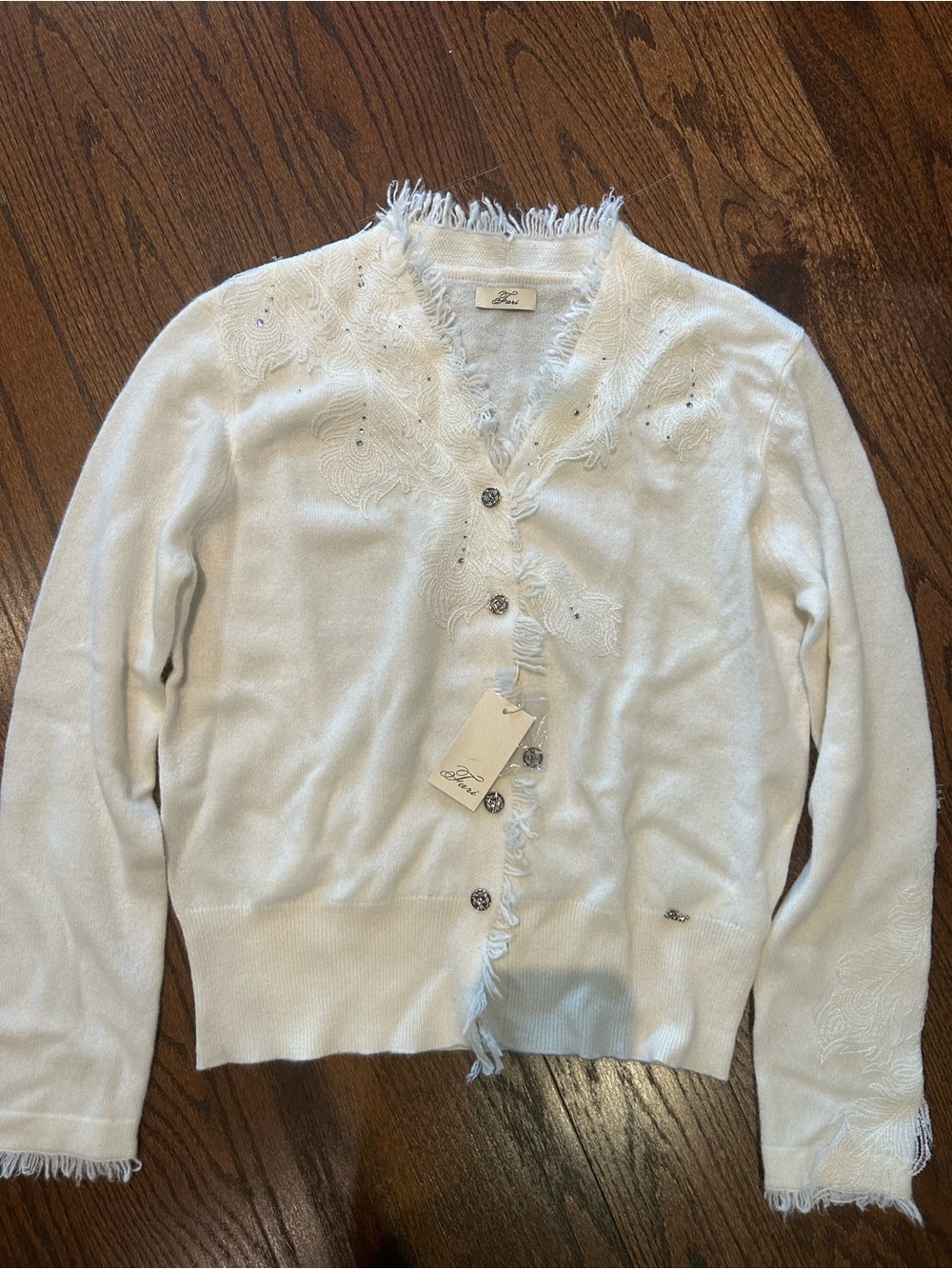 FARI White Fringed V-Neck Sweater Cardigan size Large，100% cashmere
